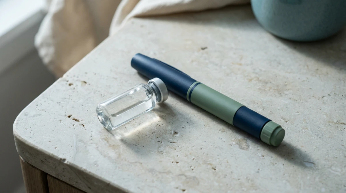 Compounded GLP-1 medication vial and injection pen on a clinical surface