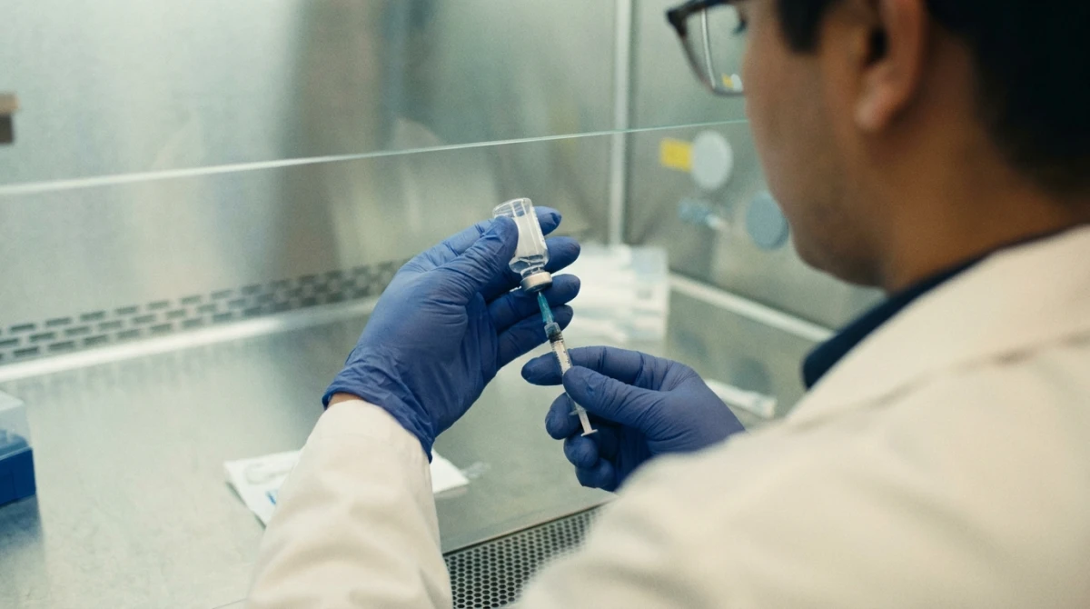 Pharmacist preparing a compounded medication in a sterile pharmacy setting