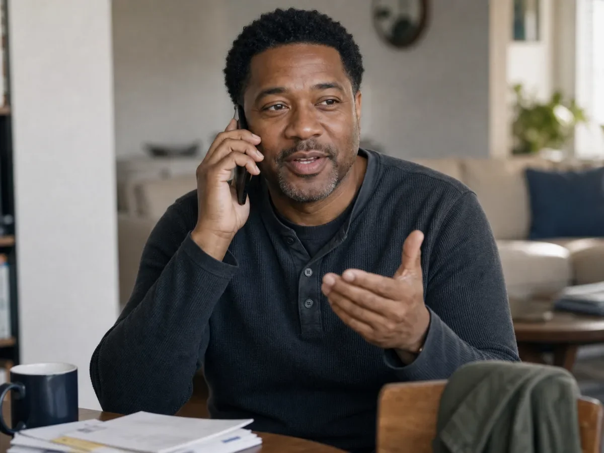 Man speaking with Praxiom support by phone from home