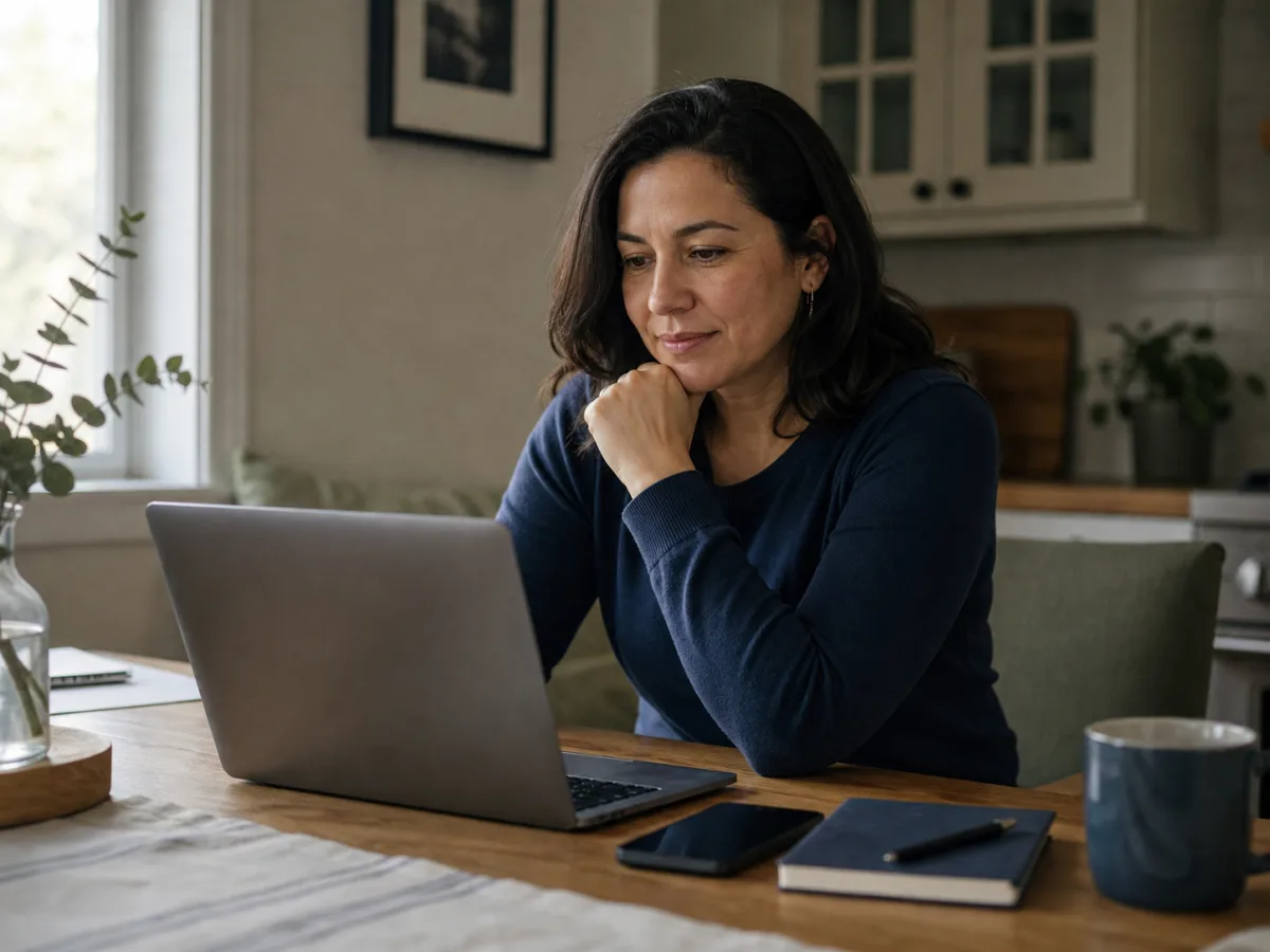 Woman reviewing her next steps for care on a laptop at home